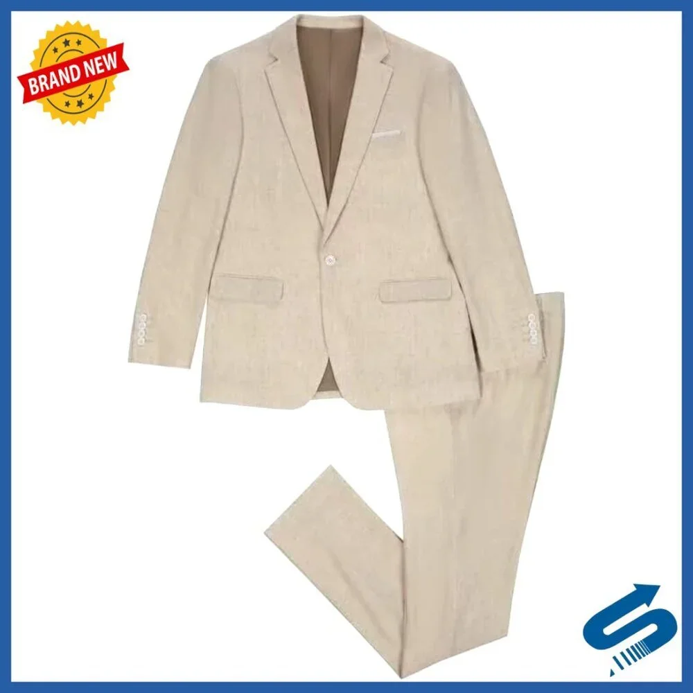 Slim Fit Linen Suit Blazer Pants Set for Wedding Business Summer